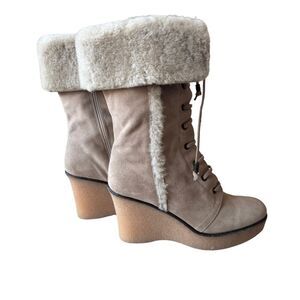 Via Spiga Faux Fur Wedge Boot Size 8 Tan Lace-Up Boots